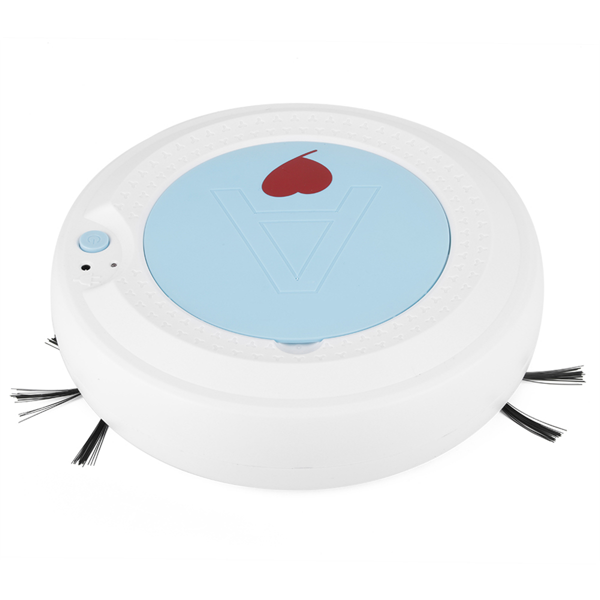 Ein weißer und blauer Roboter-Staubsauger mit rotem Herzlogo oben und zwei schwarzen Bürsten.