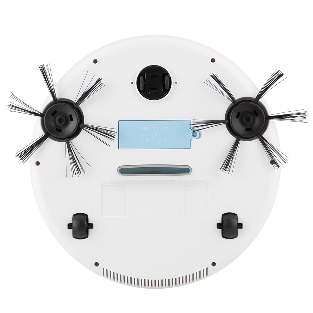 Unterseite eines weißen Roboter-Staubsaugers mit sichtbaren Bürsten und Rädern.