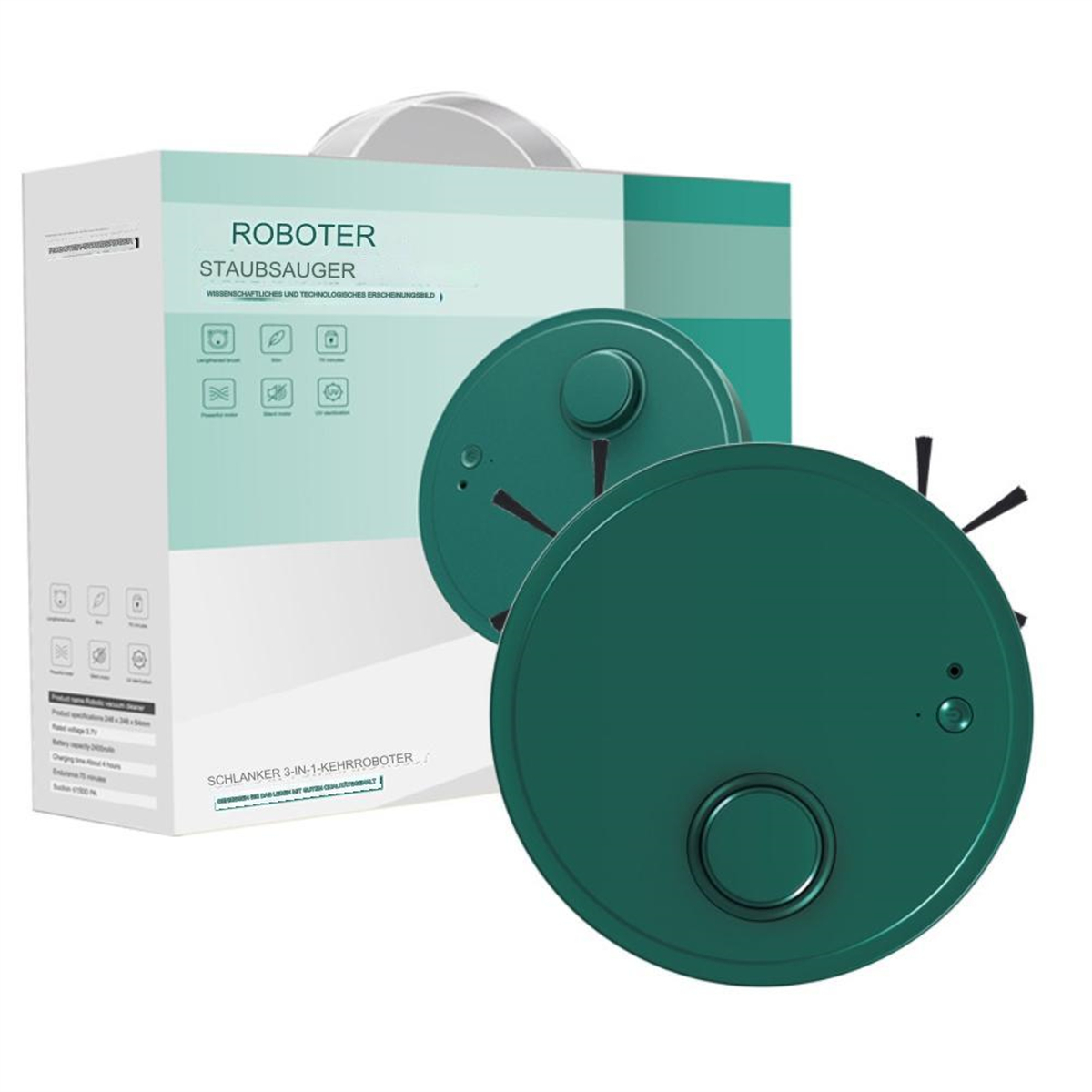 Roboter-Staubsauger, grün, in seiner Box, weißer Hintergrund.