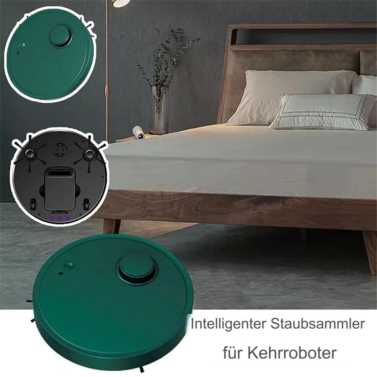 Drei Bilder eines grünen Roboter-Staubsaugers. Eines zeigt die Oberseite, ein anderes die Unterseite.