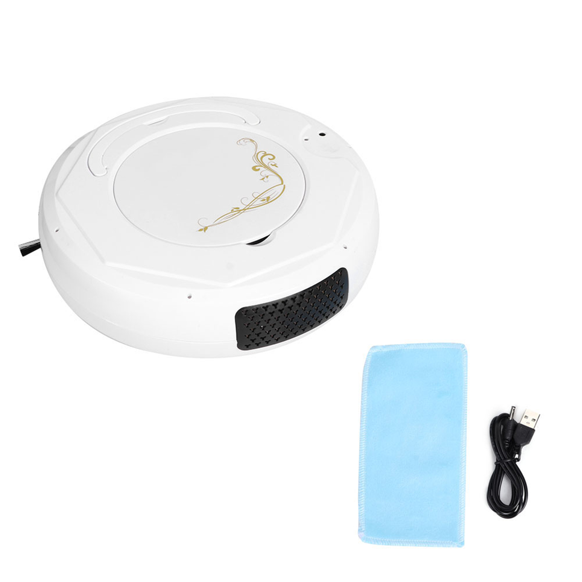 Ein weißer Roboter-Staubsauger mit Reinigungszubehör und Ladekabel.