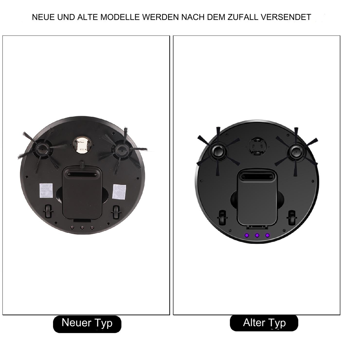 Zwei schwarze Roboter-Staubsauger, einer mit neuem Typ, der andere mit altem Typ. Beide sind rund.