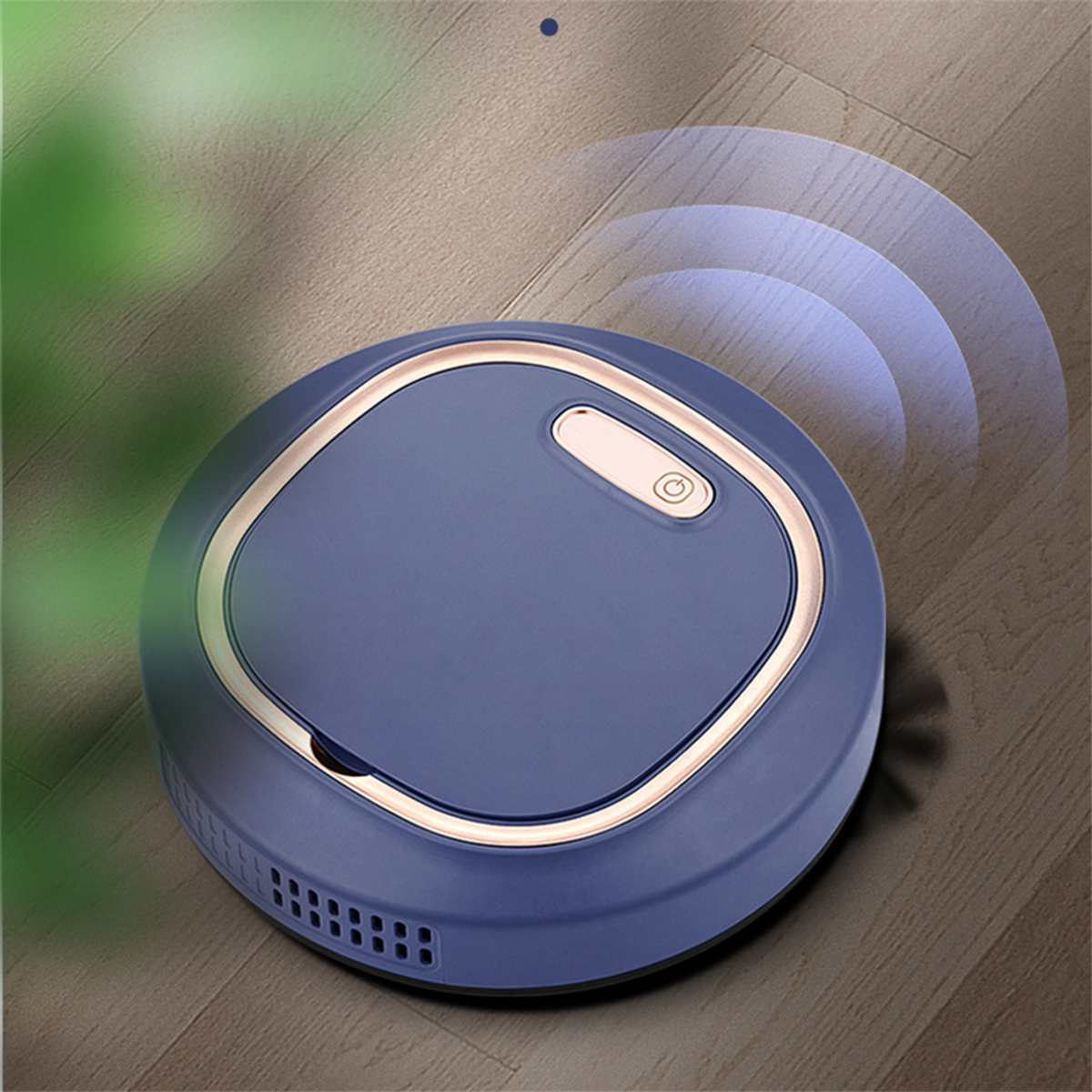 Ein blauer Roboter-Staubsauger auf einem Holzboden, mit Schallwellenlinien, die seinen Reinigungspfad zeigen.