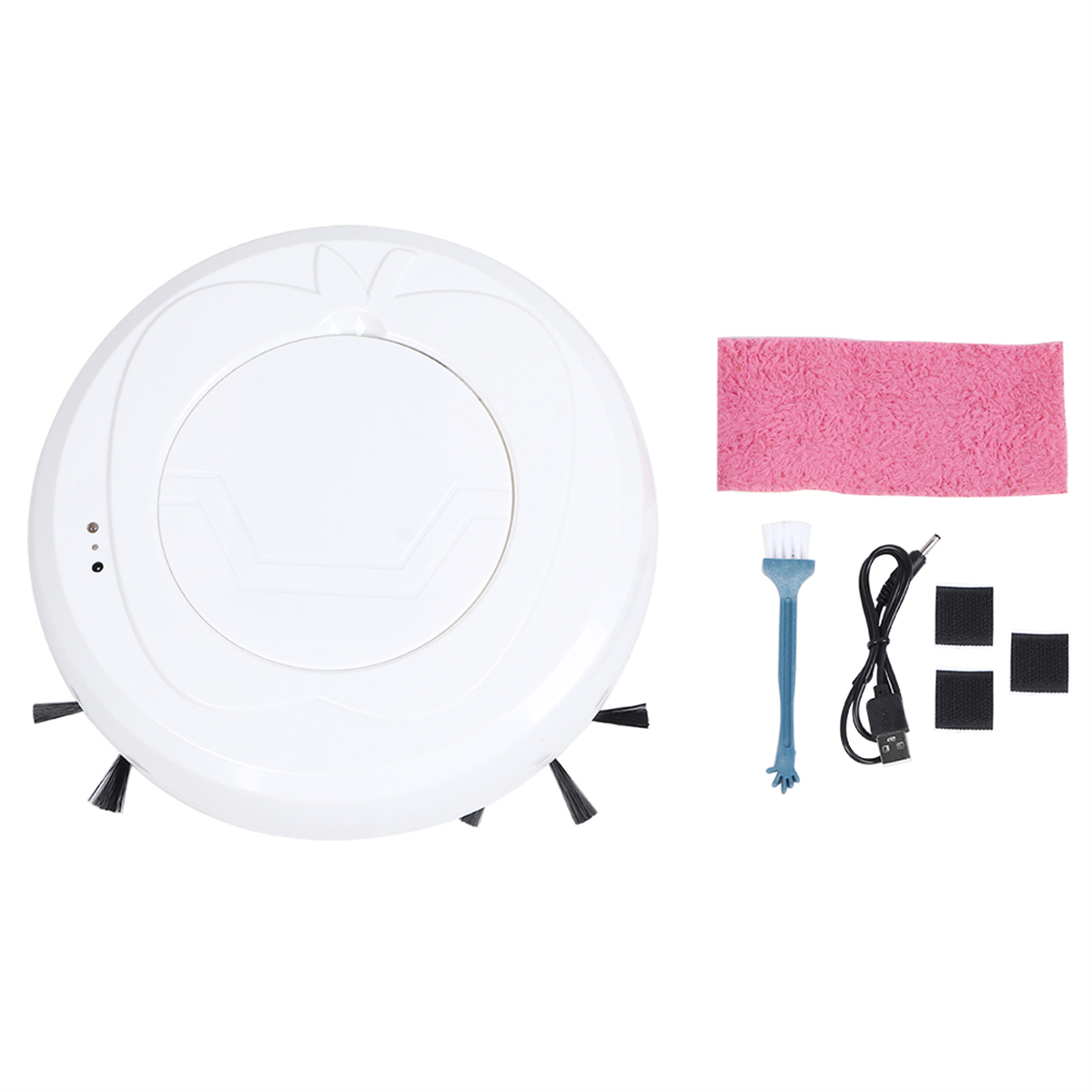 Weißer Roboter-Staubsauger mit rosa Mikrofasertuch und Reinigungswerkzeugen.