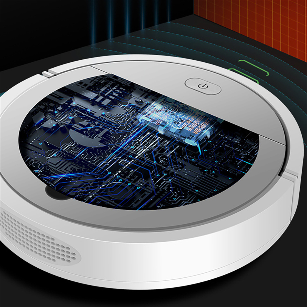 Ein weißer Roboter-Staubsauger mit einem detaillierten Leiterplattendesign, das auf seiner Oberseite sichtbar ist.