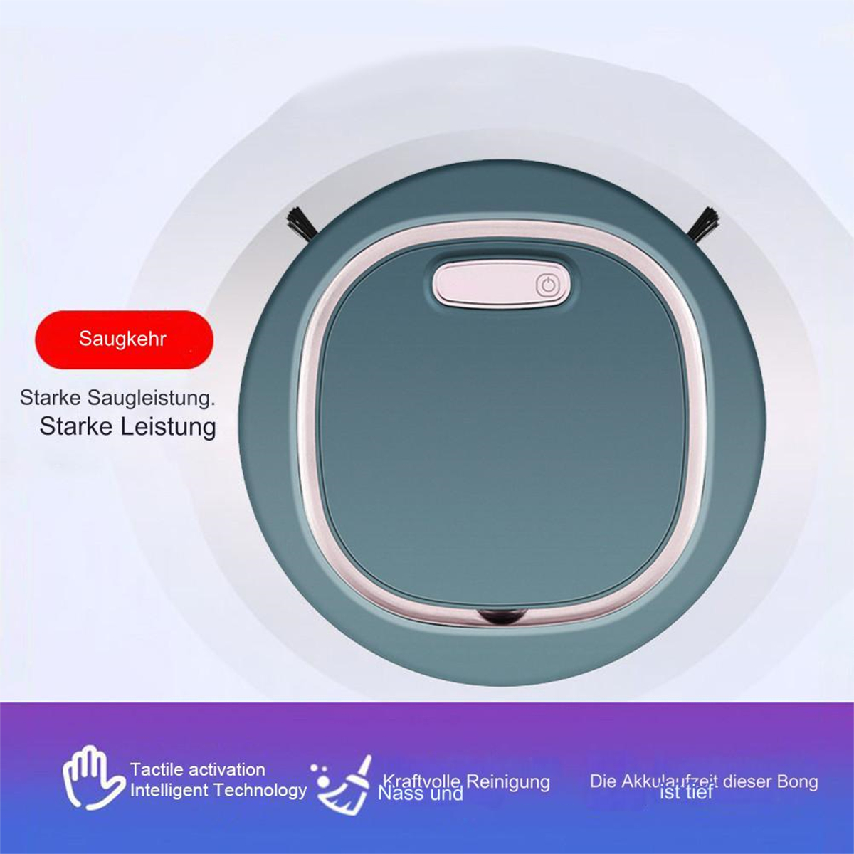 Ein tealfarbener Roboter-Staubsauger mit Reinigungssymbolen und Produktinformationen.