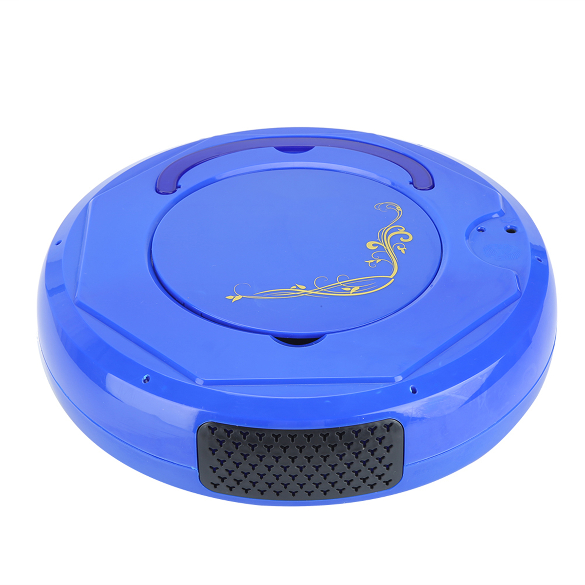 Blauer Roboterstaubsauger mit goldenem Design.