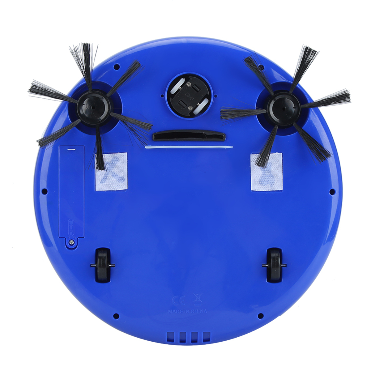 Blaue Roboter-Staubsauger-Unteransicht. Merkmale Bürstenköpfe und Ladepunkte.