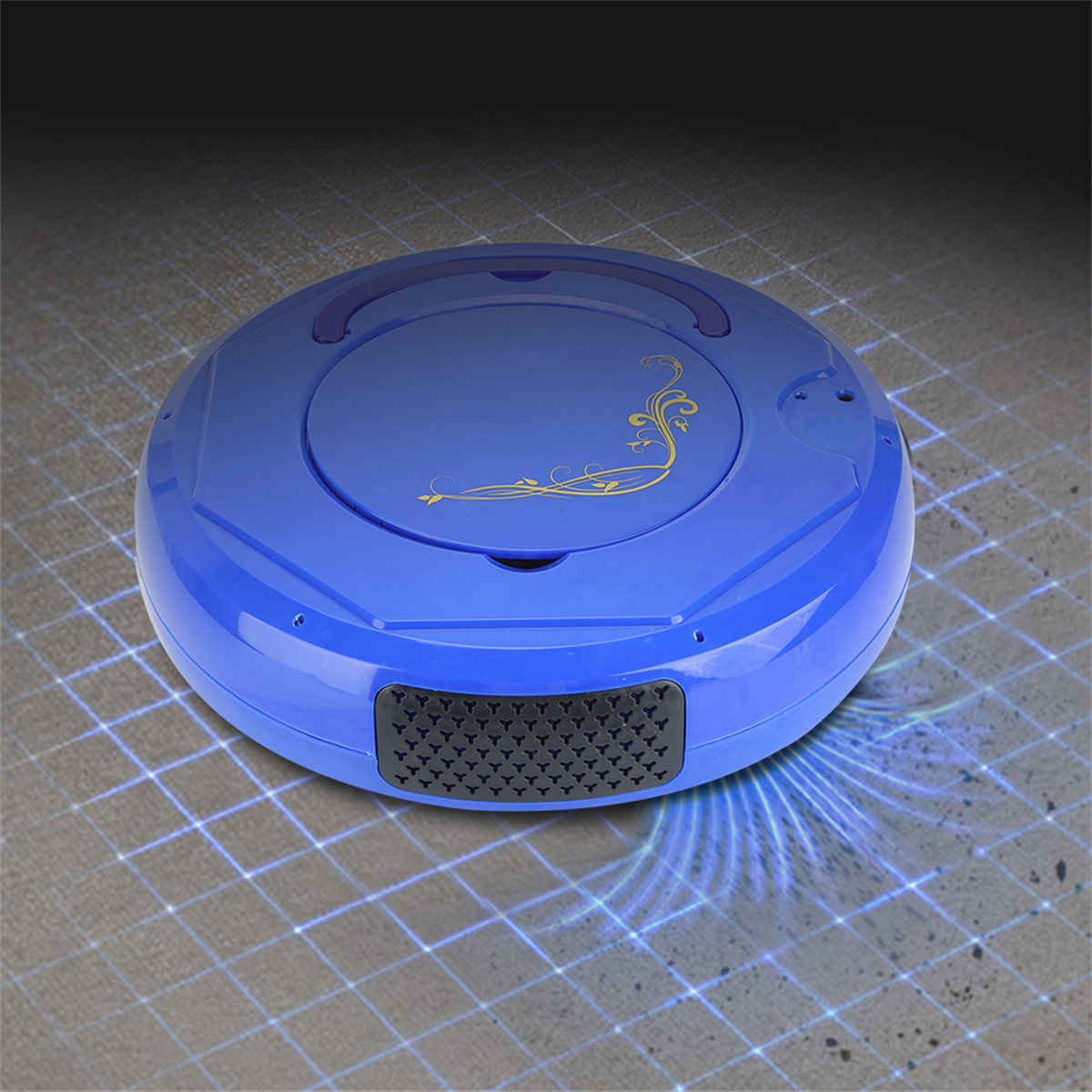 Ein blauer Roboter-Staubsauger auf einer gemusterten Oberfläche. Er hat ein schwarzes Lüftungsgitter.