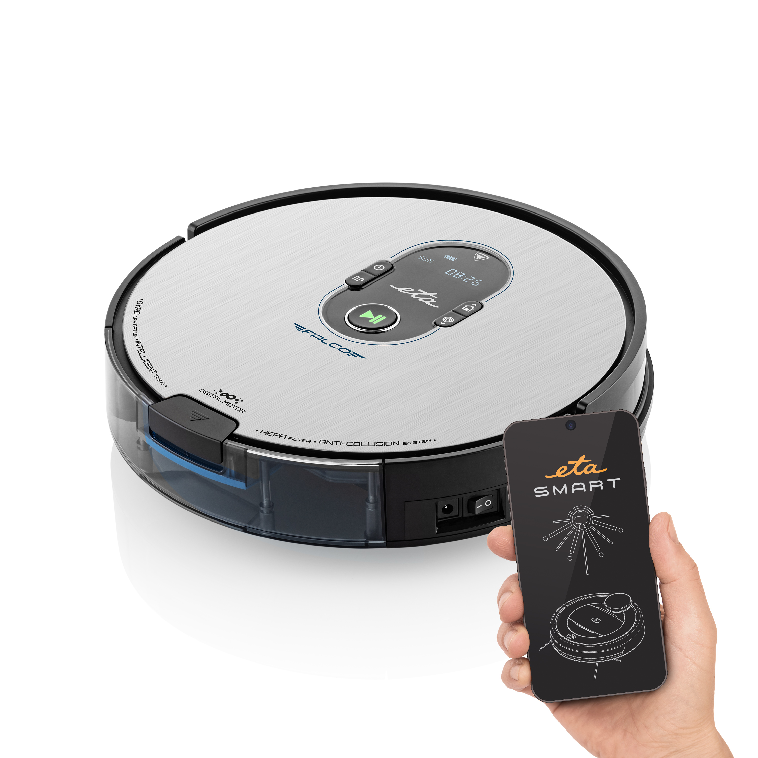 Robot sprzątający z ekranem sterowania, smartfon pokazuje aplikację.