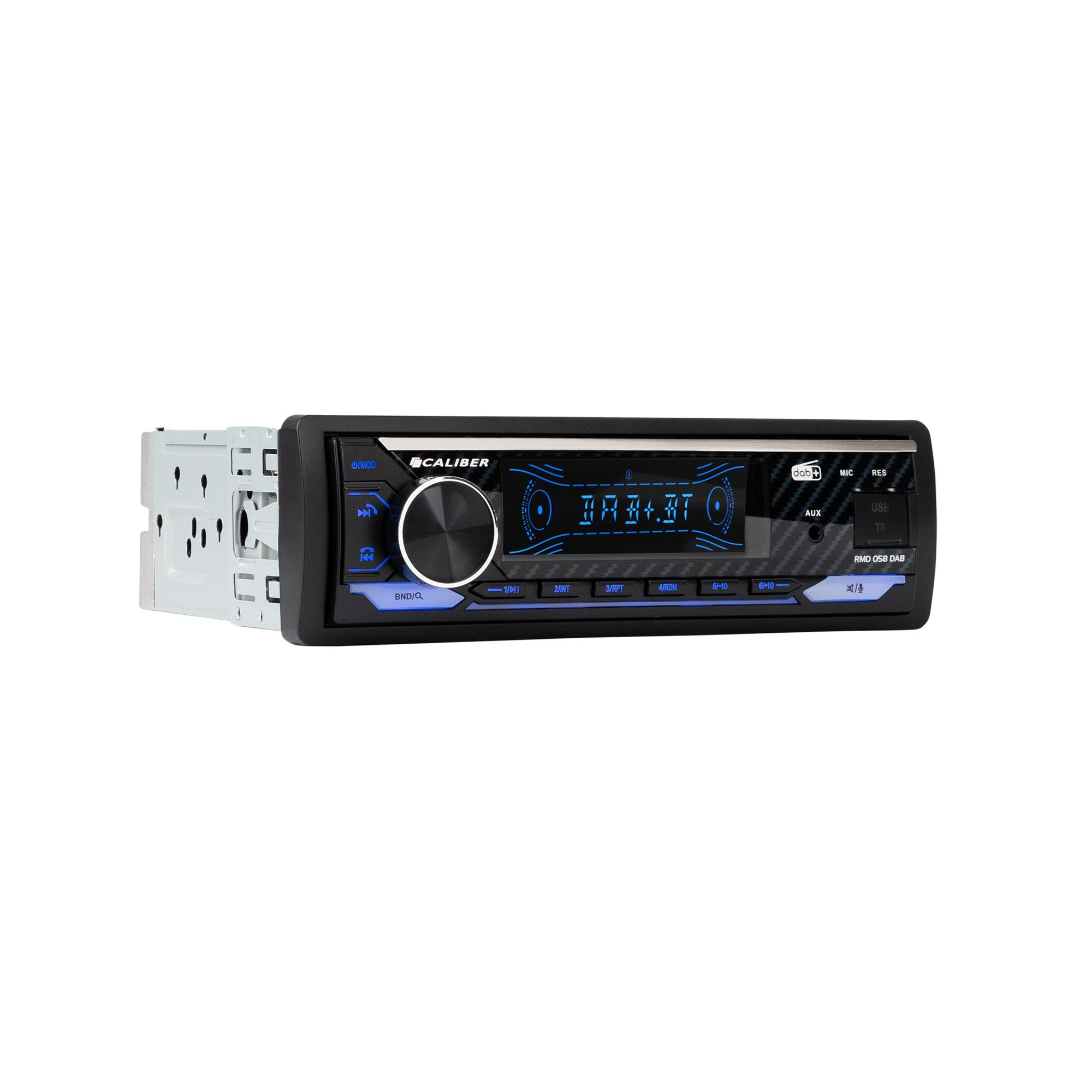 Autoradio mit schwarzer Frontplatte, Knöpfen, einem zentralen Drehregler und einer blauen Anzeige.