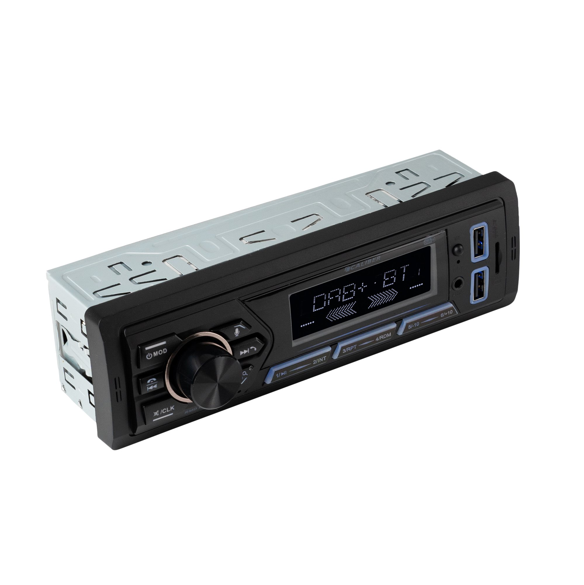 Autoradio, schwarz, mit zentralem Drehregler und verschiedenen Tasten, Digitalanzeige und USB-Anschlüssen.