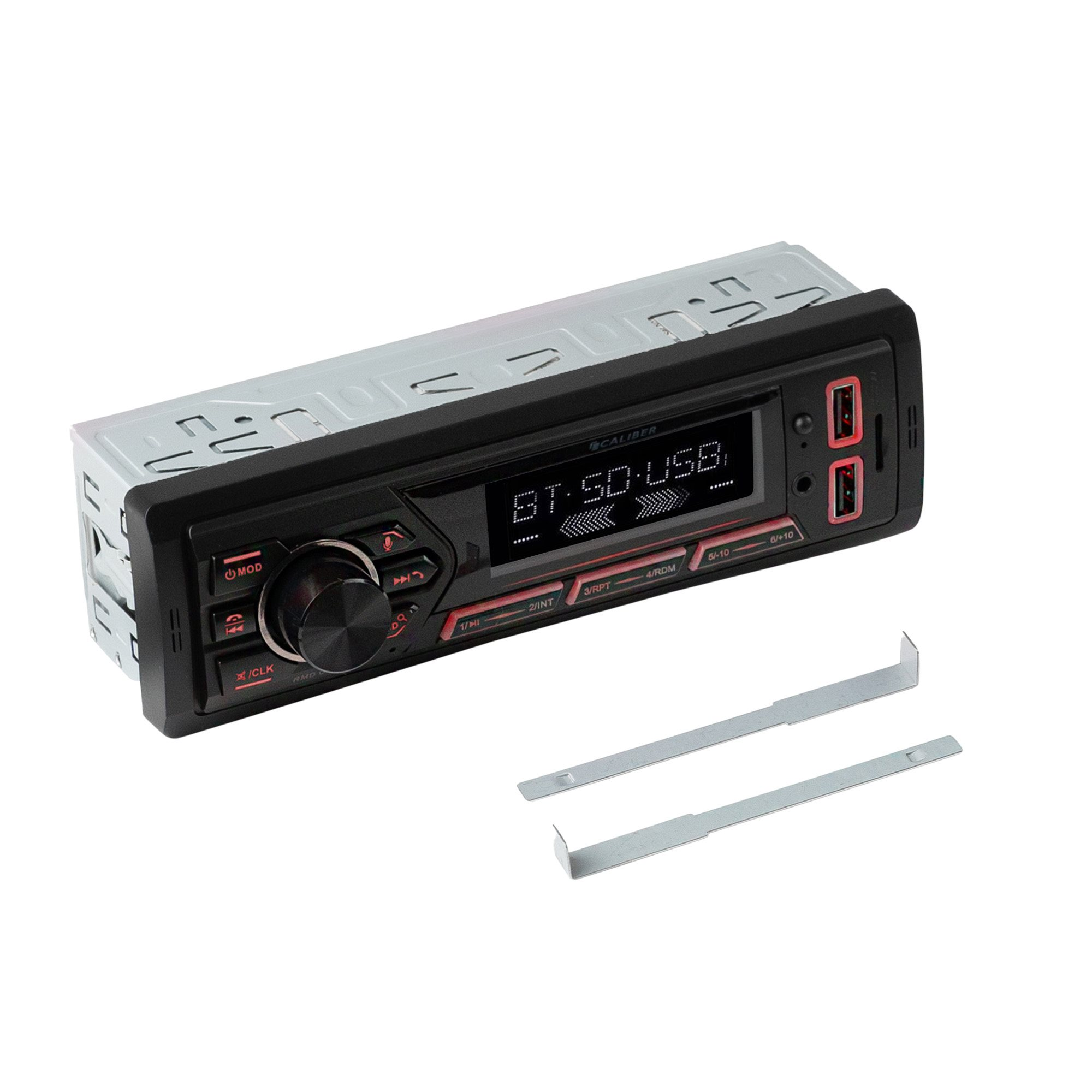 Schwarzes Autoradio. Mit Knöpfen, Drehknopf, Display und zwei Metall-Montagebügeln.