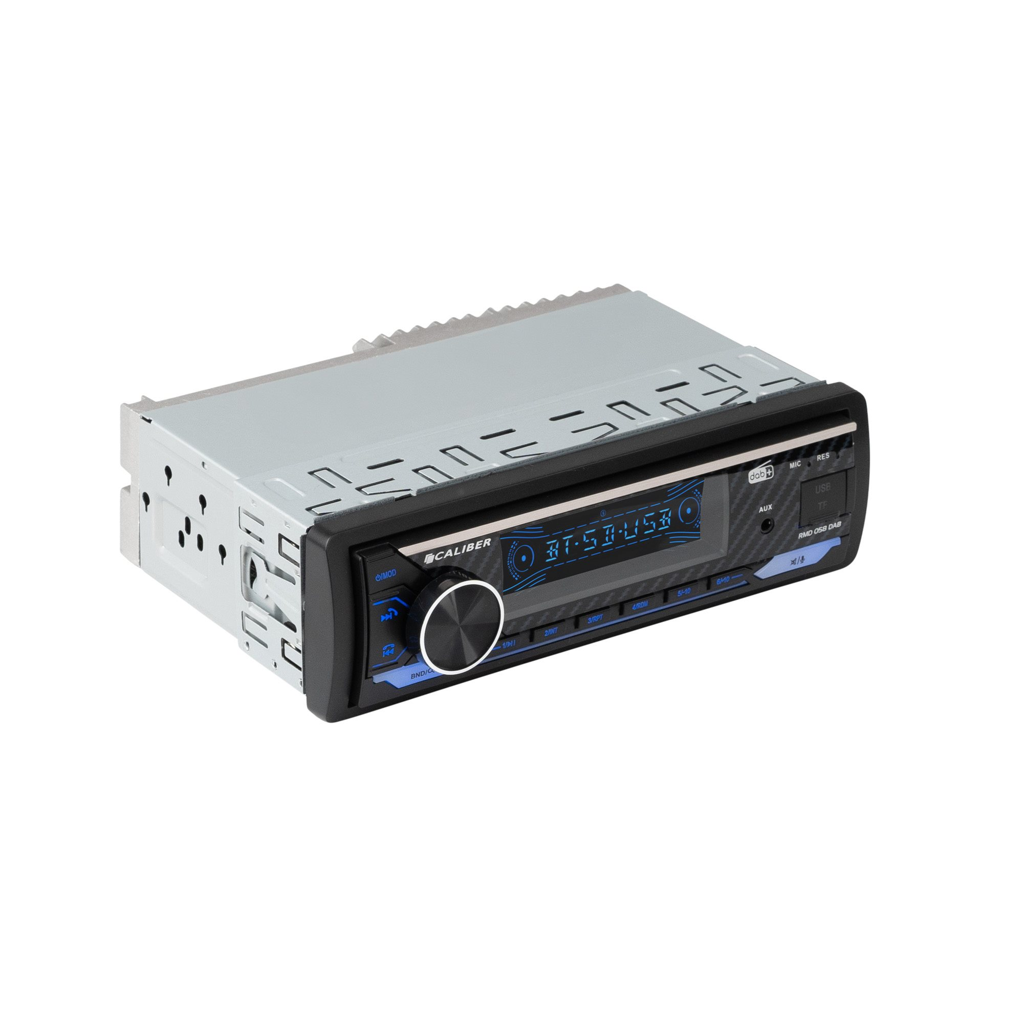 Ein Autoradio mit schwarzer Front, Bildschirm und Knöpfen. Es hat einen USB-Anschluss und Bluetooth.