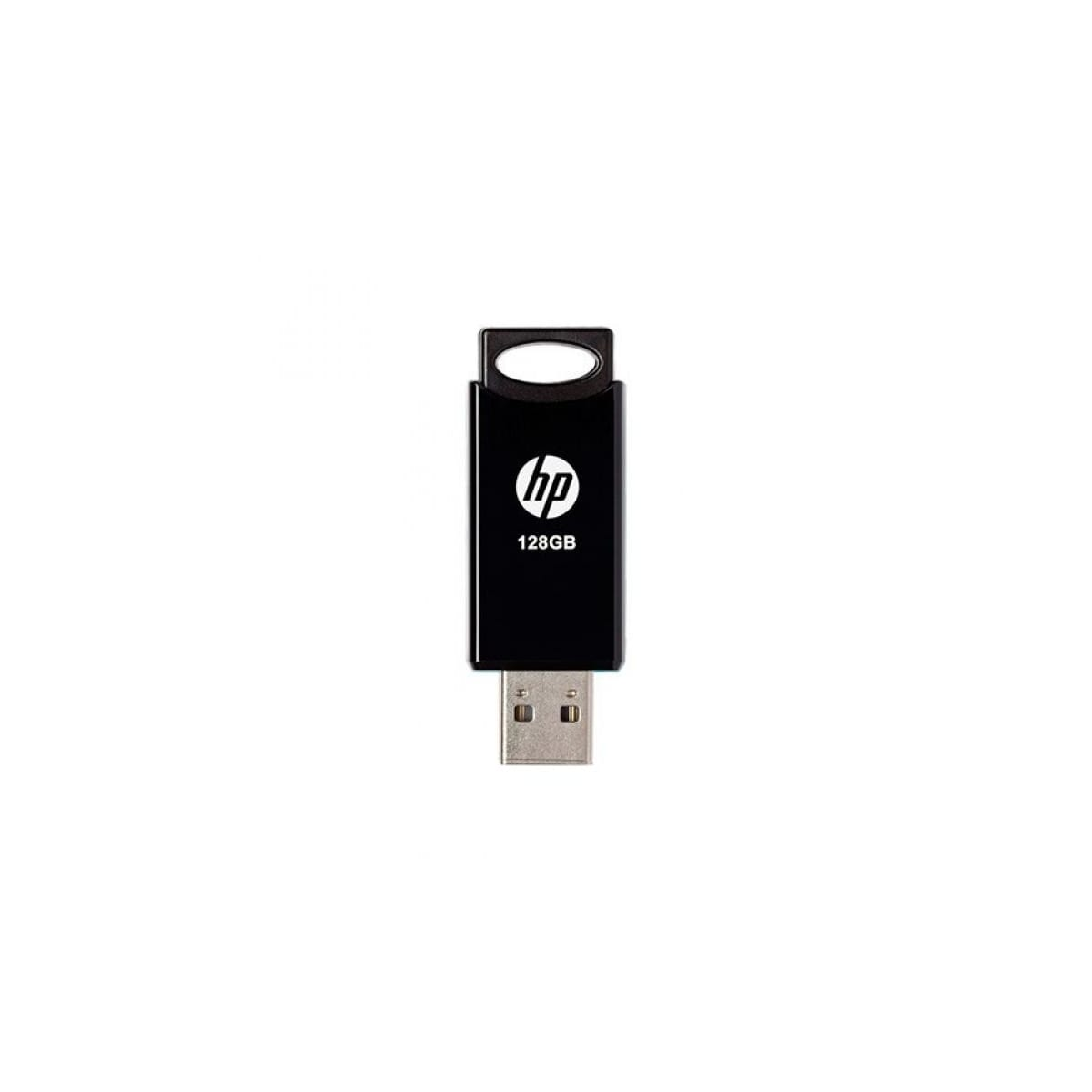 Unità flash USB HP nera con capacità di 128 GB su sfondo bianco.