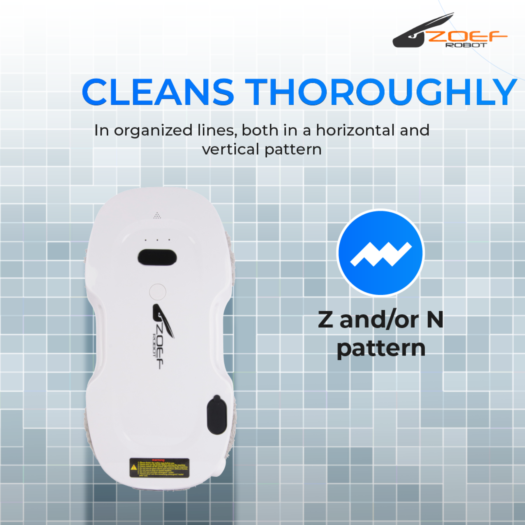White window cleaner robot, text on the image.