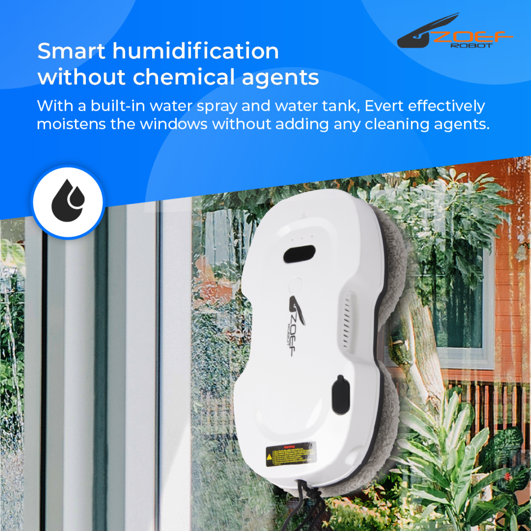 White window cleaner robot on a glass window, with text describing the product's features and benefits.