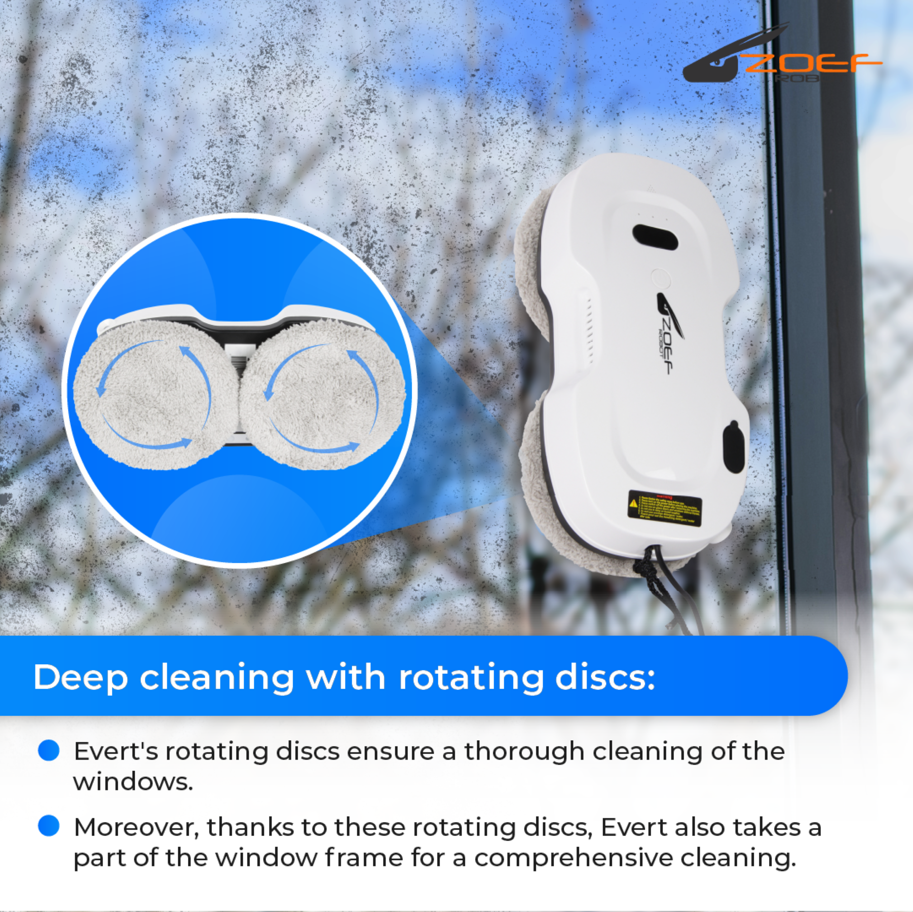 White window cleaner with rotating discs cleaning a window, with text and arrows.