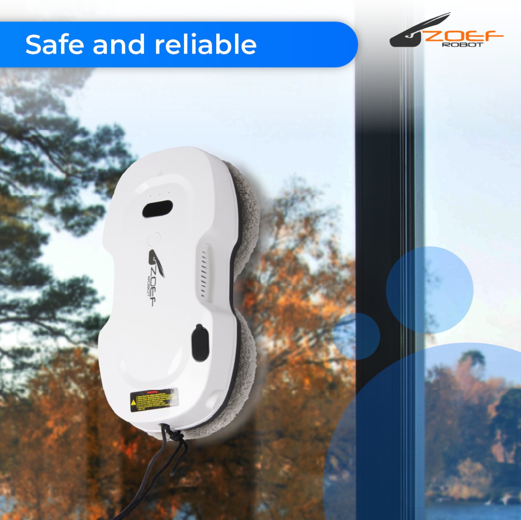 A white window cleaning robot on a window, with text promoting the product. Autumnal background.