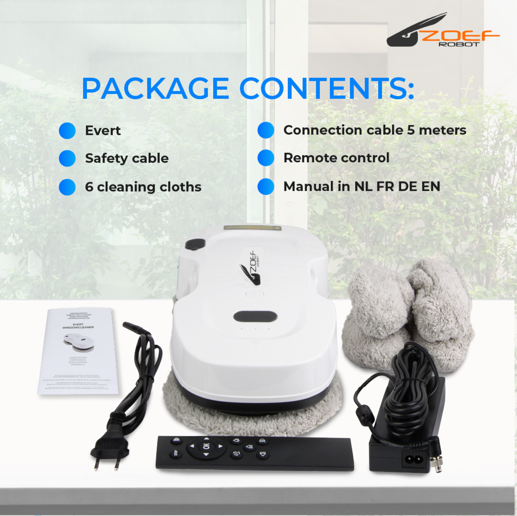 White robot window cleaner with accessories. Text on the left and a green plant in the background.