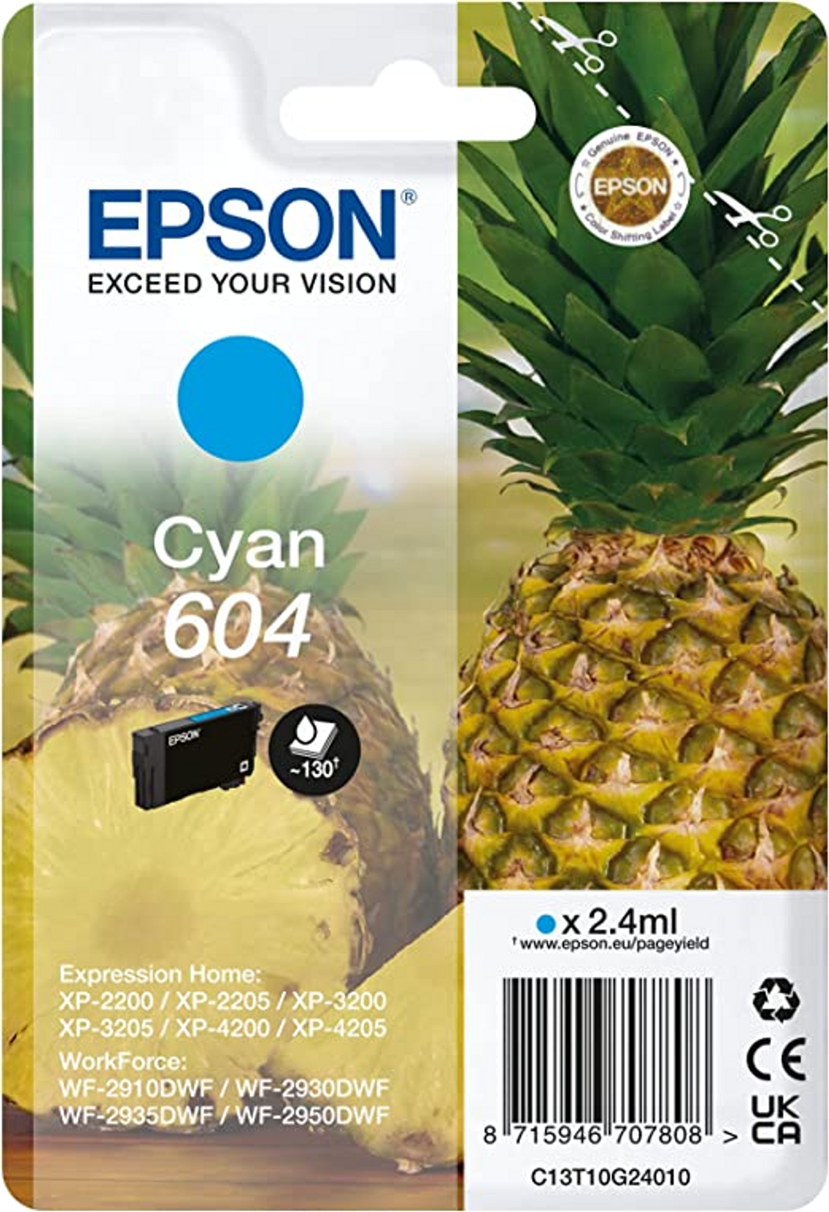 Wkład atramentowy Epson Cyan 604 w opakowaniu ze zdjęciem ananasa.