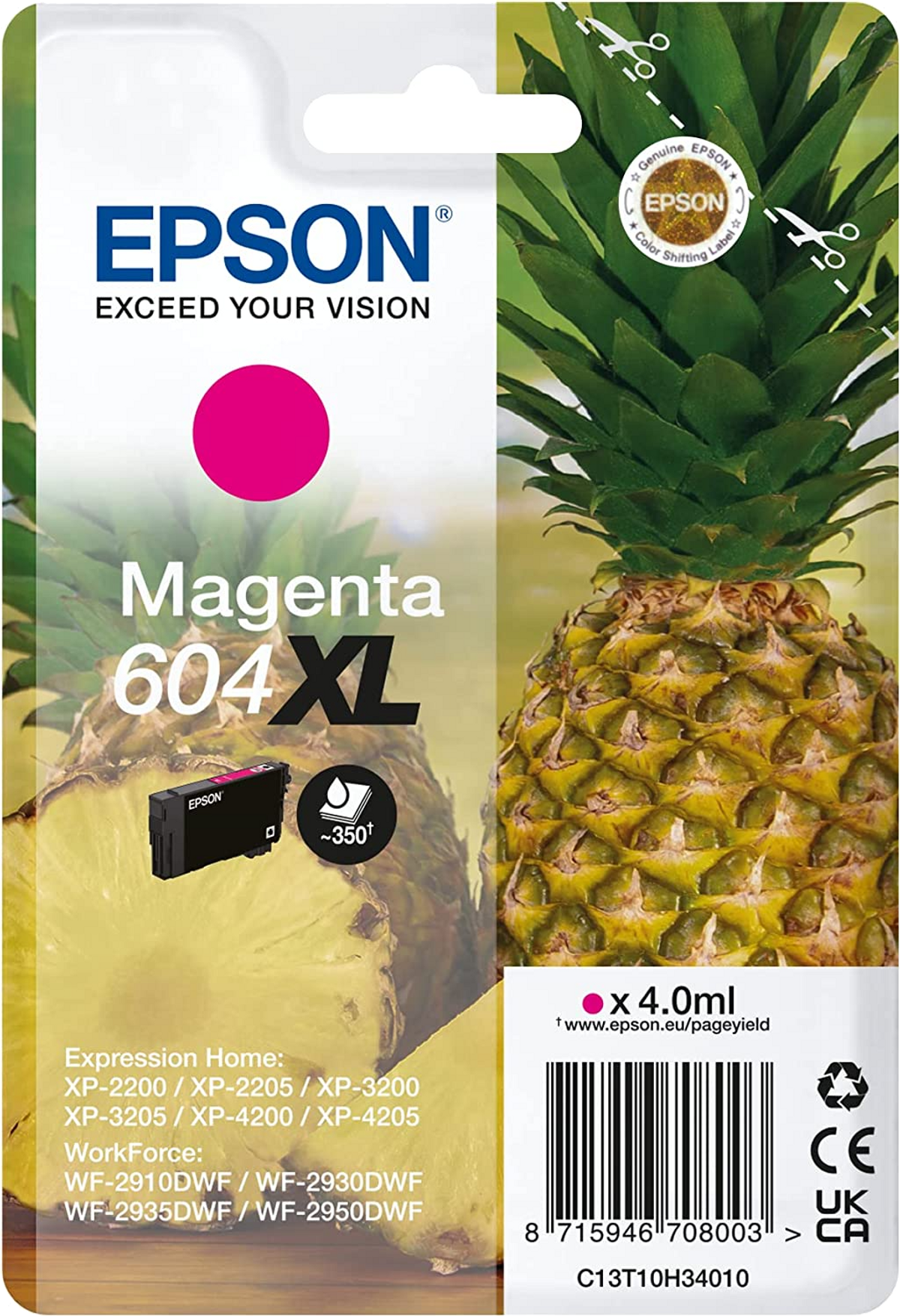 Wkład atramentowy Epson magenta z różowym okręgiem i ananasem w tle.