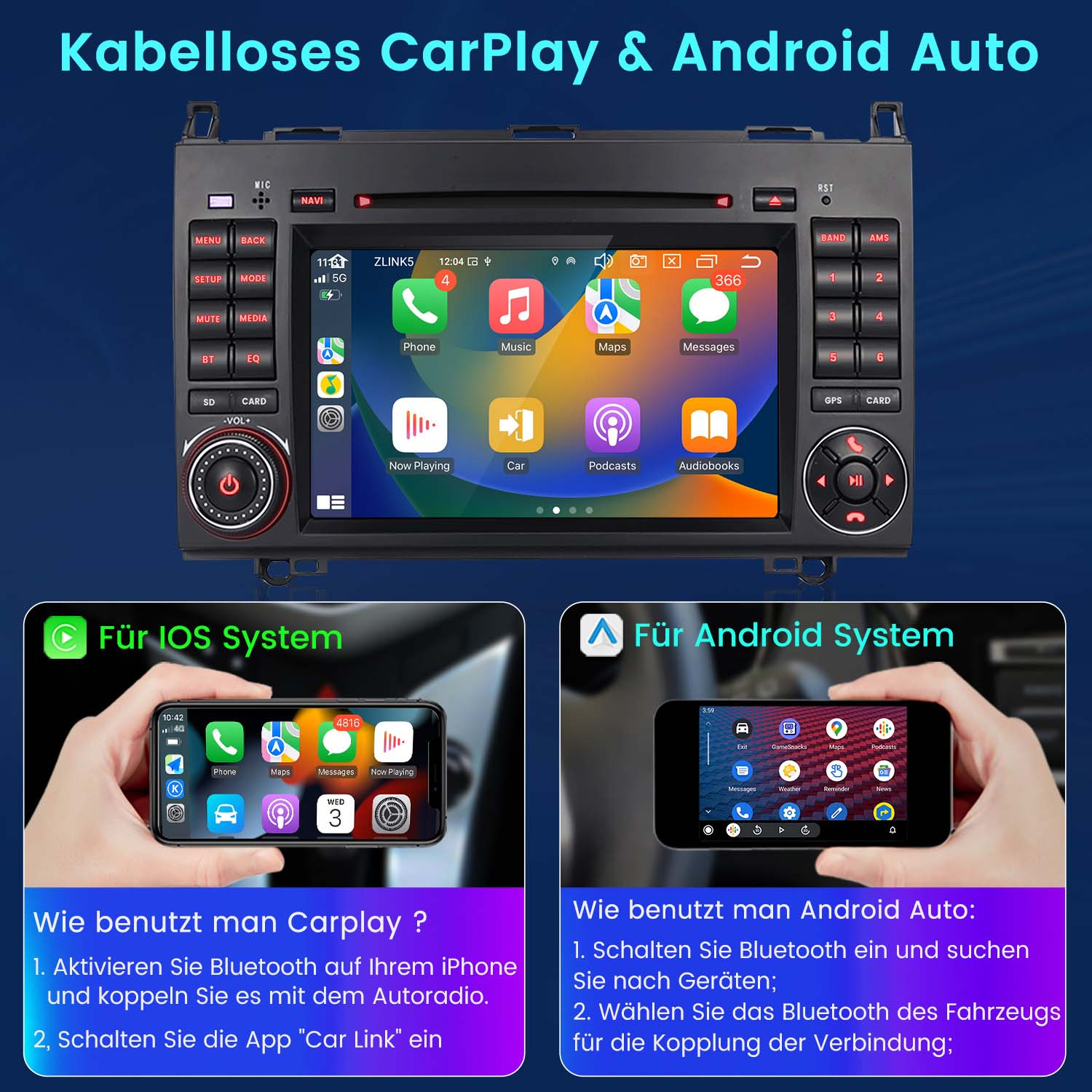 Interfejs systemu multimedialnego w samochodzie z instrukcjami systemu iOS i Android na ekranie.