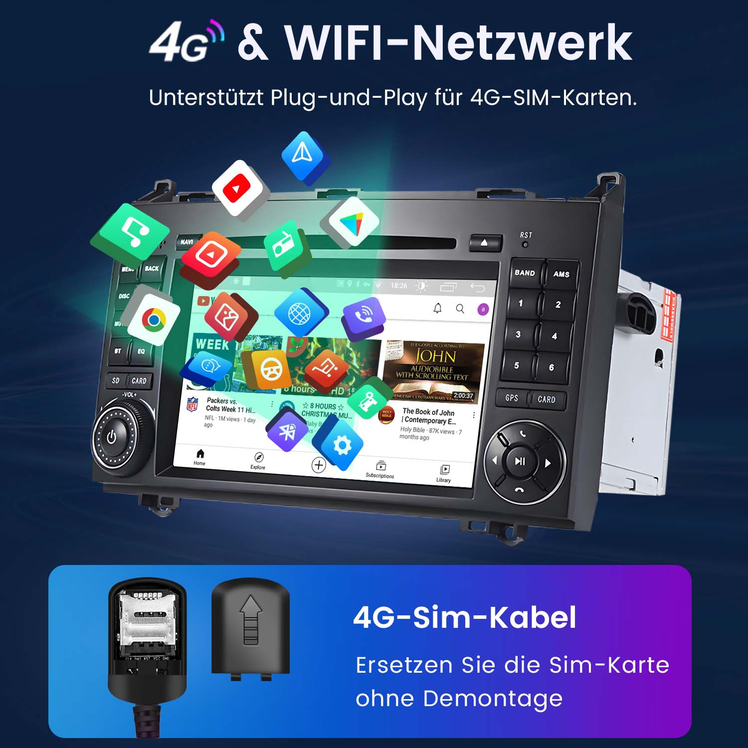 Ekran systemu multimedialnego w samochodzie. Widoczne aplikacje i przyciski. Logo 4G i WIFI. Czarna ramka.