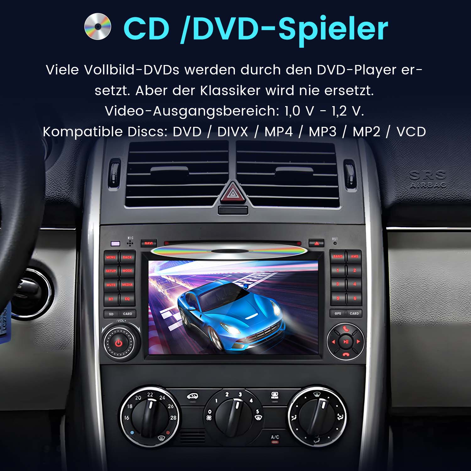 Deska rozdzielcza samochodu z odtwarzaczem CD/DVD. Ekran wyświetla obraz niebieskiego samochodu. Obecne są różne przyciski.