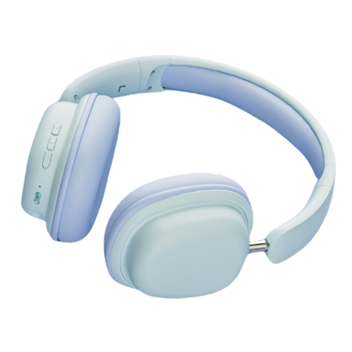 Blau-hellblaue Kopfhörer mit klarem Design. Die Ohrmuscheln sind hellblau.