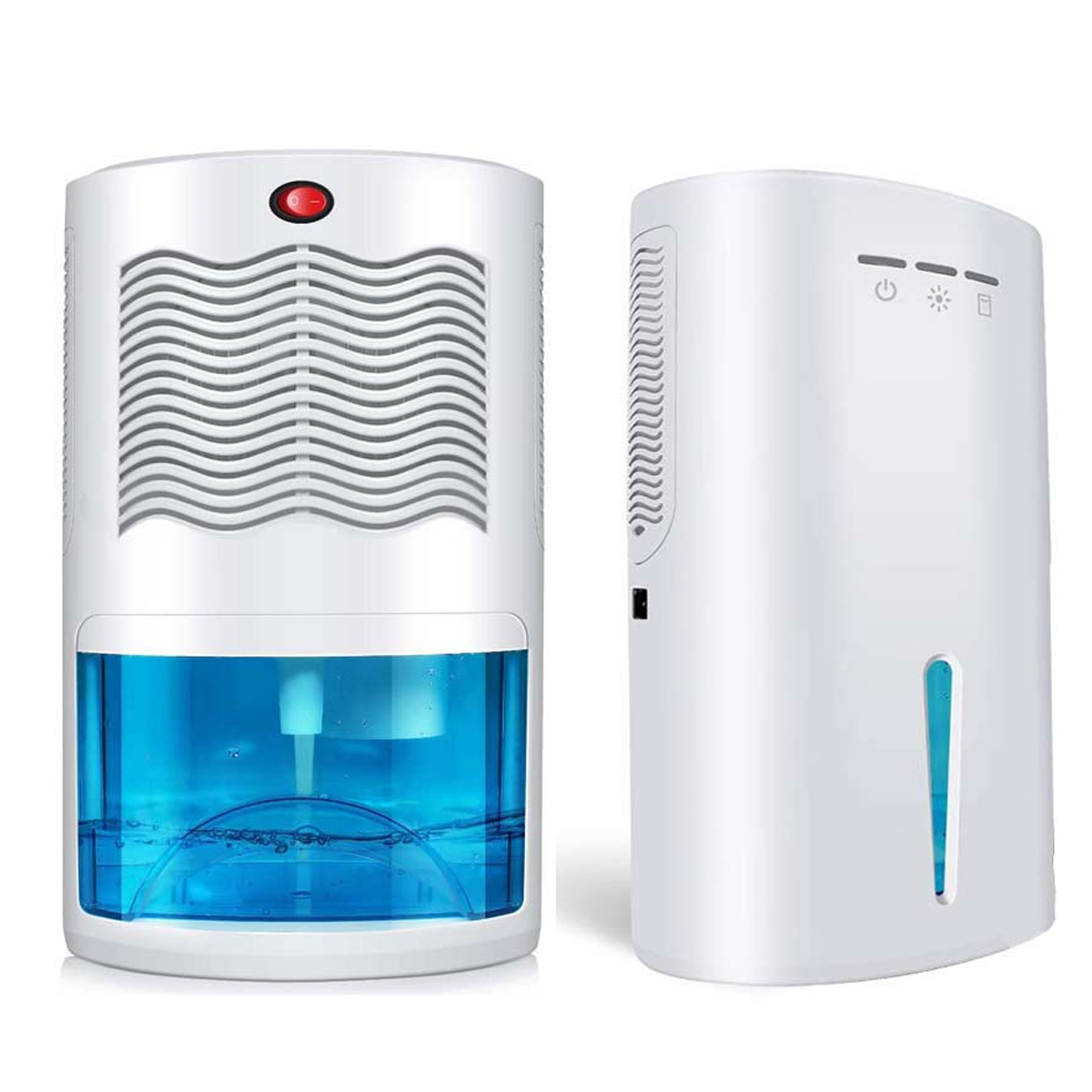 Dwa białe osuszacze powietrza. Jeden pokazuje niebieski zbiornik na wodę. Inne wskaźniki.