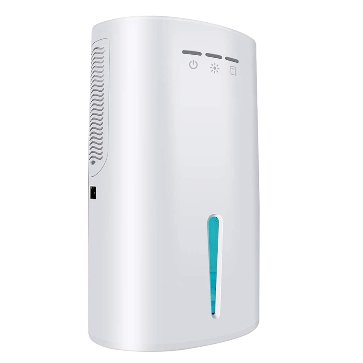 Biały osuszacz z niebieskim wskaźnikiem poziomu wody i trzema górnymi przyciskami.