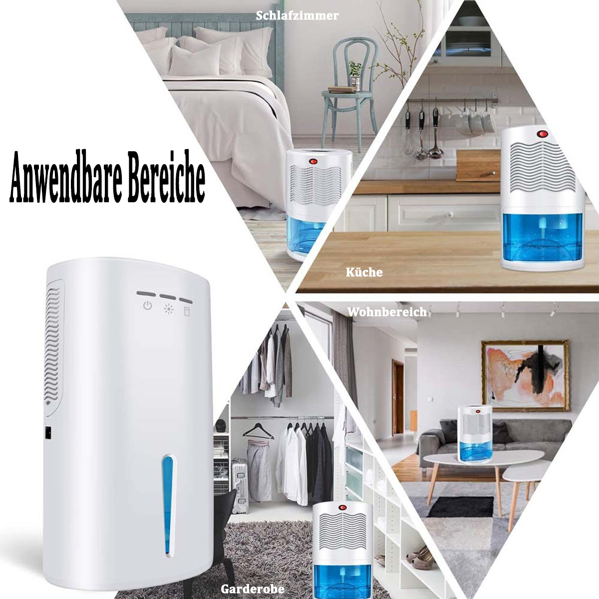 Osuszacz w różnych pomieszczeniach, sypialni, kuchni, salonie i garderobie.