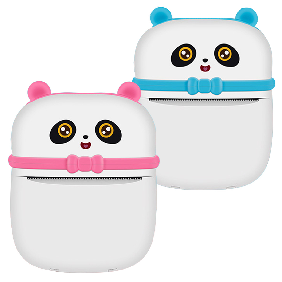 Zwei panda-förmige Mini-Fotodrucker. Einer rosa und einer blau mit Fliegen und Panda-Gesichtern.