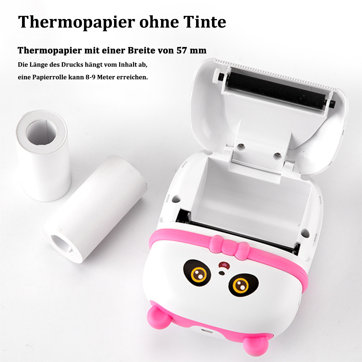 Ein kleiner, weißer Thermodrucker in Panda-Form mit einer Papierrolle.