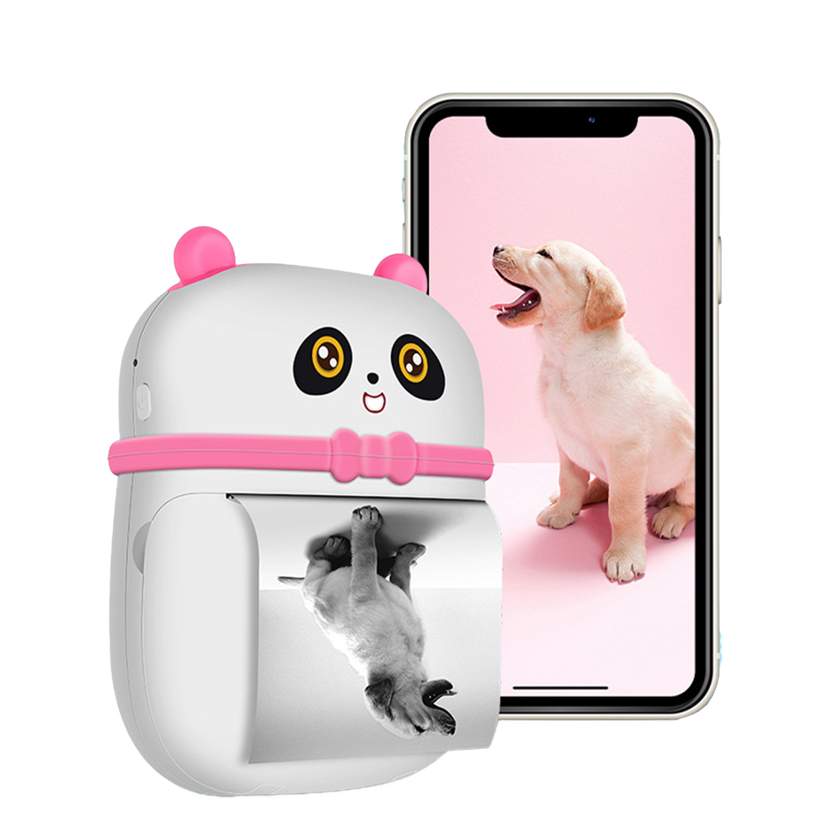 Pandaförmiger Drucker mit Telefon, das ein Hundebild zeigt. Der Drucker druckt ein Hundebild.
