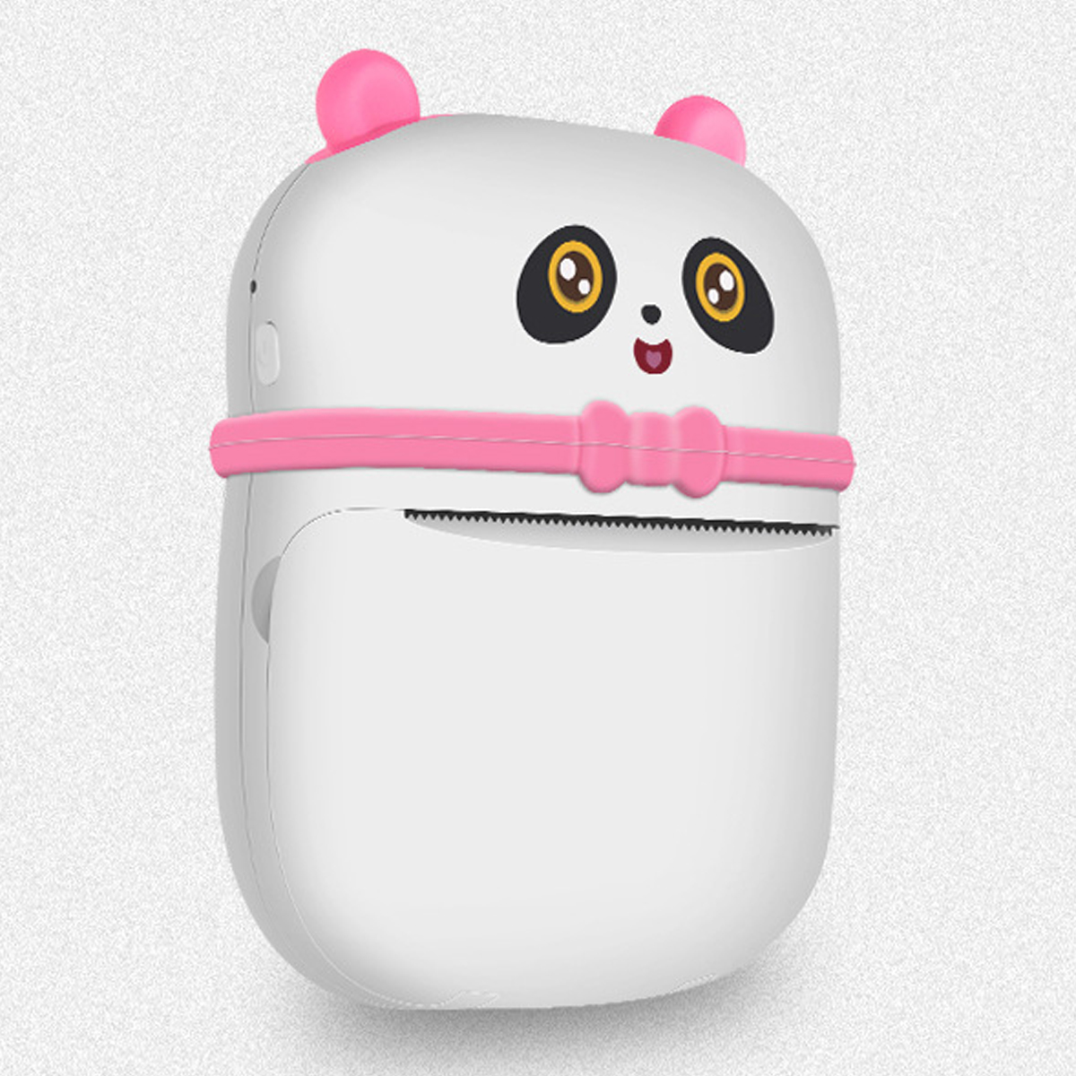 Ein weißer, panda-förmiger Thermodrucker mit rosa Kragen und Ohren. Er hat schwarze Augen und einen lächelnden Mund.