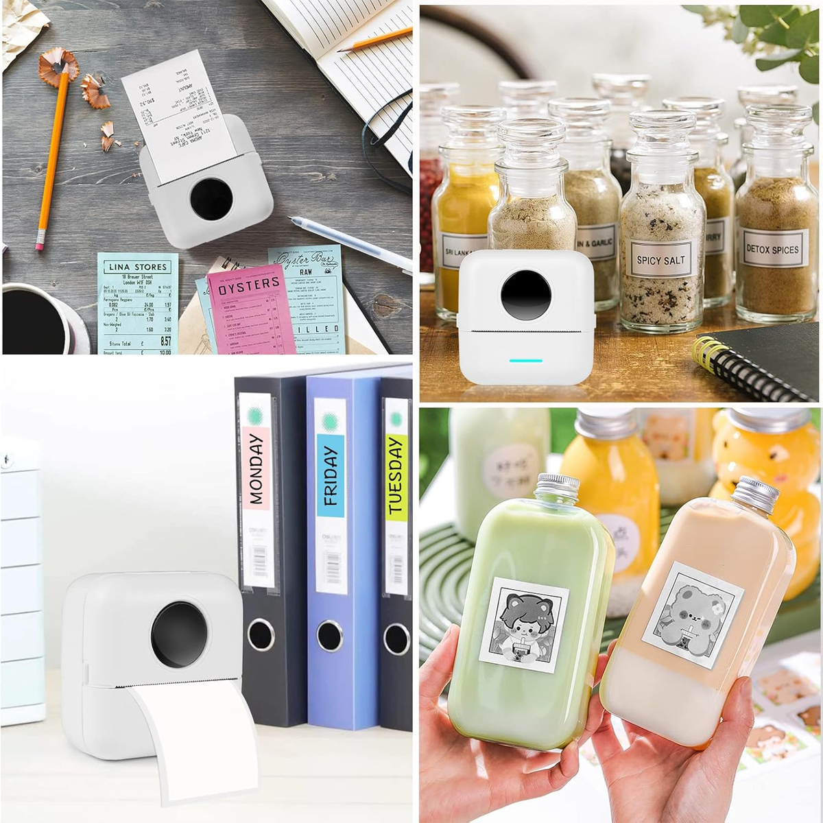 Eine Collage, die einen Drucker zeigt, der Quittungen und Etiketten druckt, und einen Drucker mit Ordnern daneben.