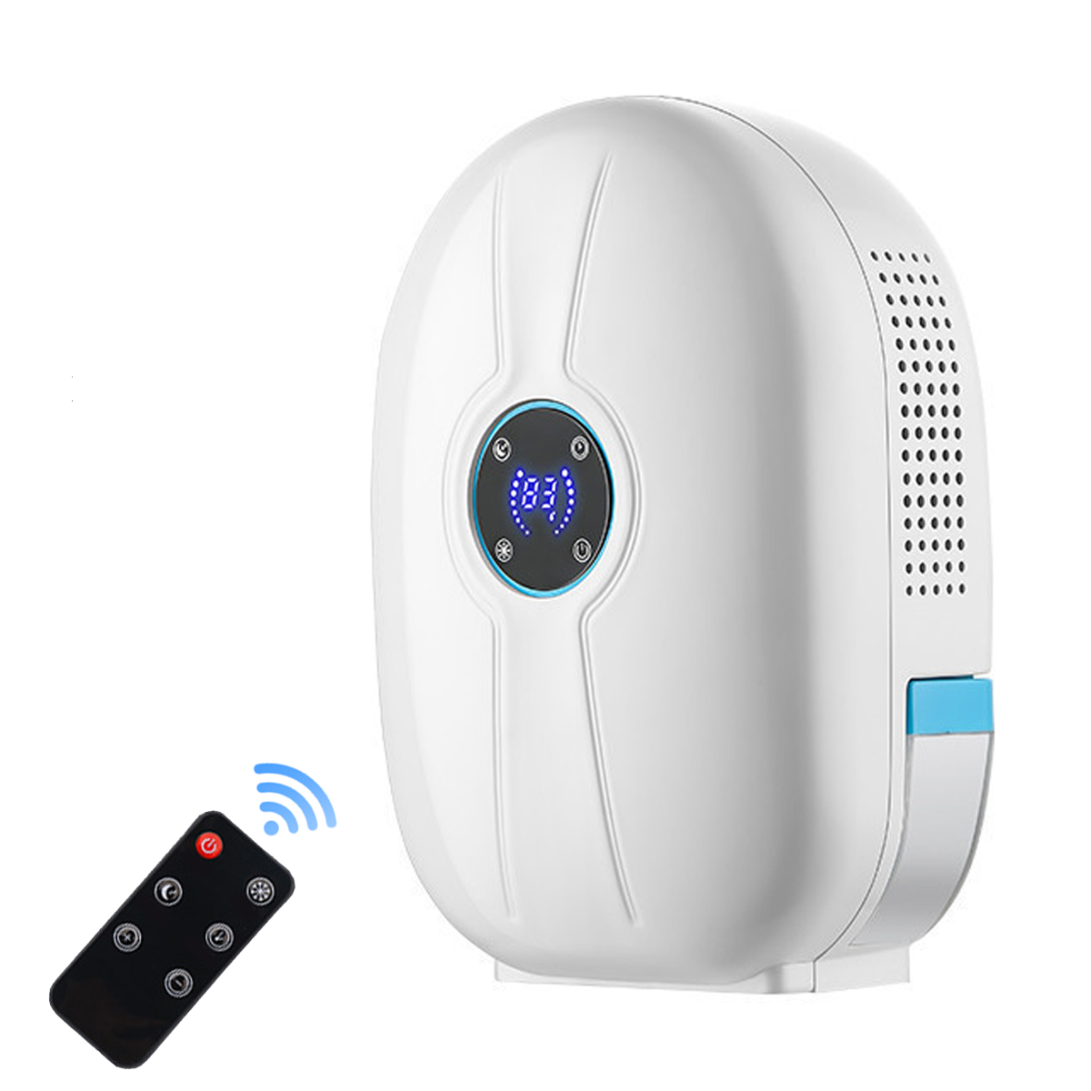 Biały oczyszczacz powietrza z wyświetlaczem cyfrowym i pilotem. Posiada niebieski akcent.