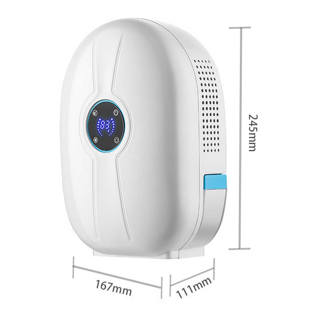 Biały oczyszczacz powietrza z wyświetlaczem cyfrowym, pokazujący wymiary.