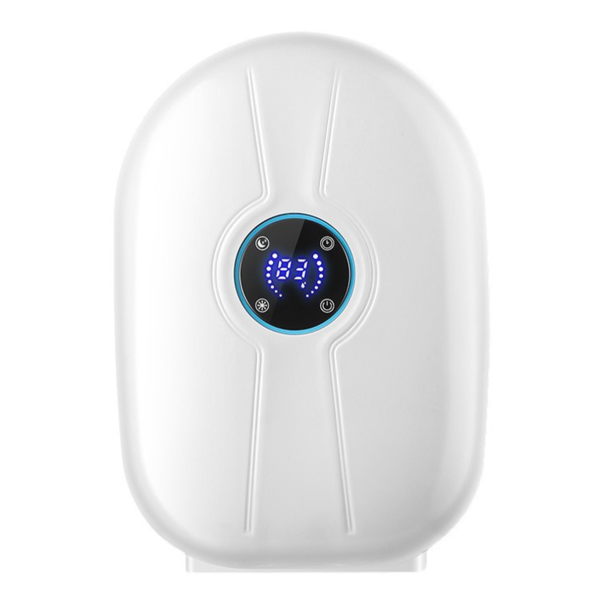 Białe urządzenie elektroniczne z niebieskim wyświetlaczem pokazującym liczbę. Ma okrągły kształt.