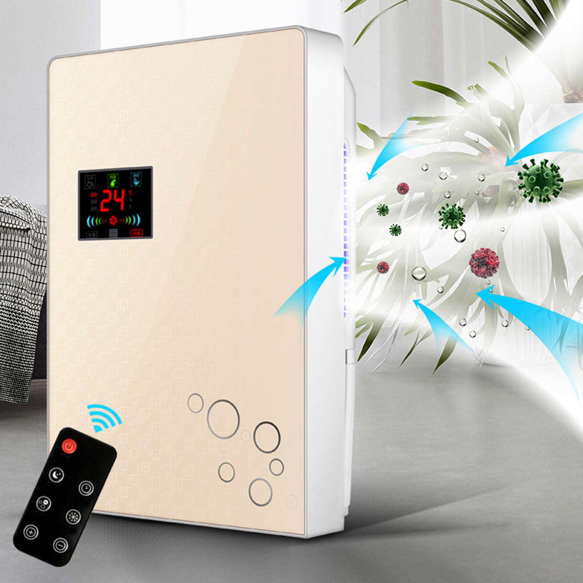 Oczyszczacz powietrza z pilotem, pokazujący ustawienia i przepływ powietrza.