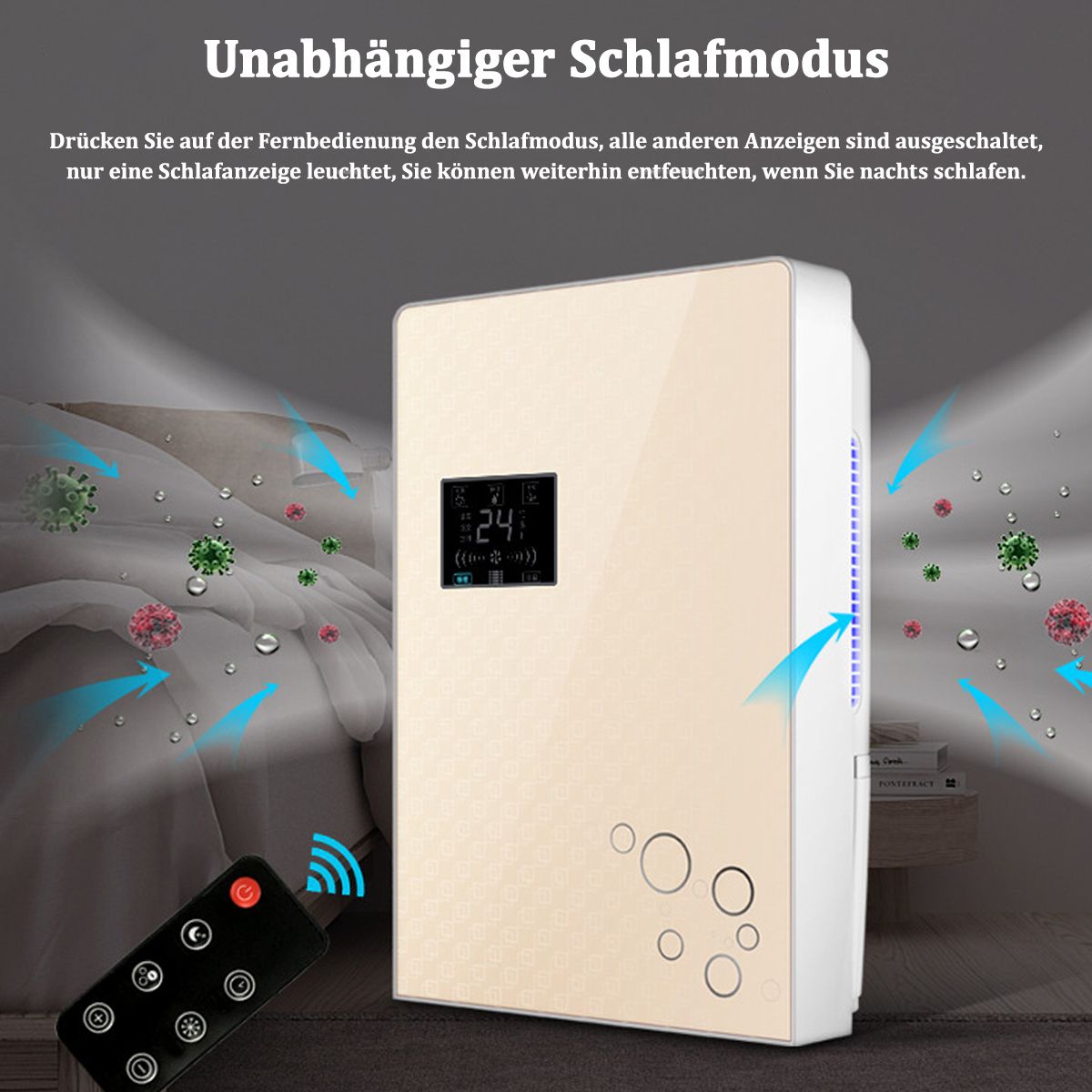 Beżowy oczyszczacz powietrza z pilotem. Strzałki i zarazki w tle.