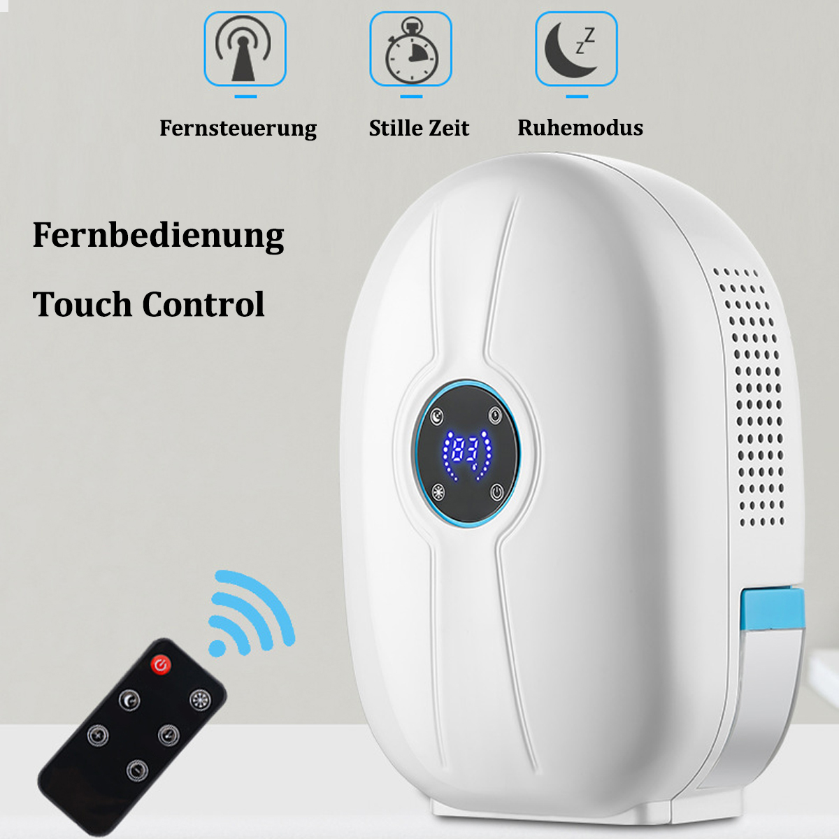 Biały oczyszczacz powietrza z cyfrowym wyświetlaczem i pilotem. Tekst na urządzeniu i pilocie.