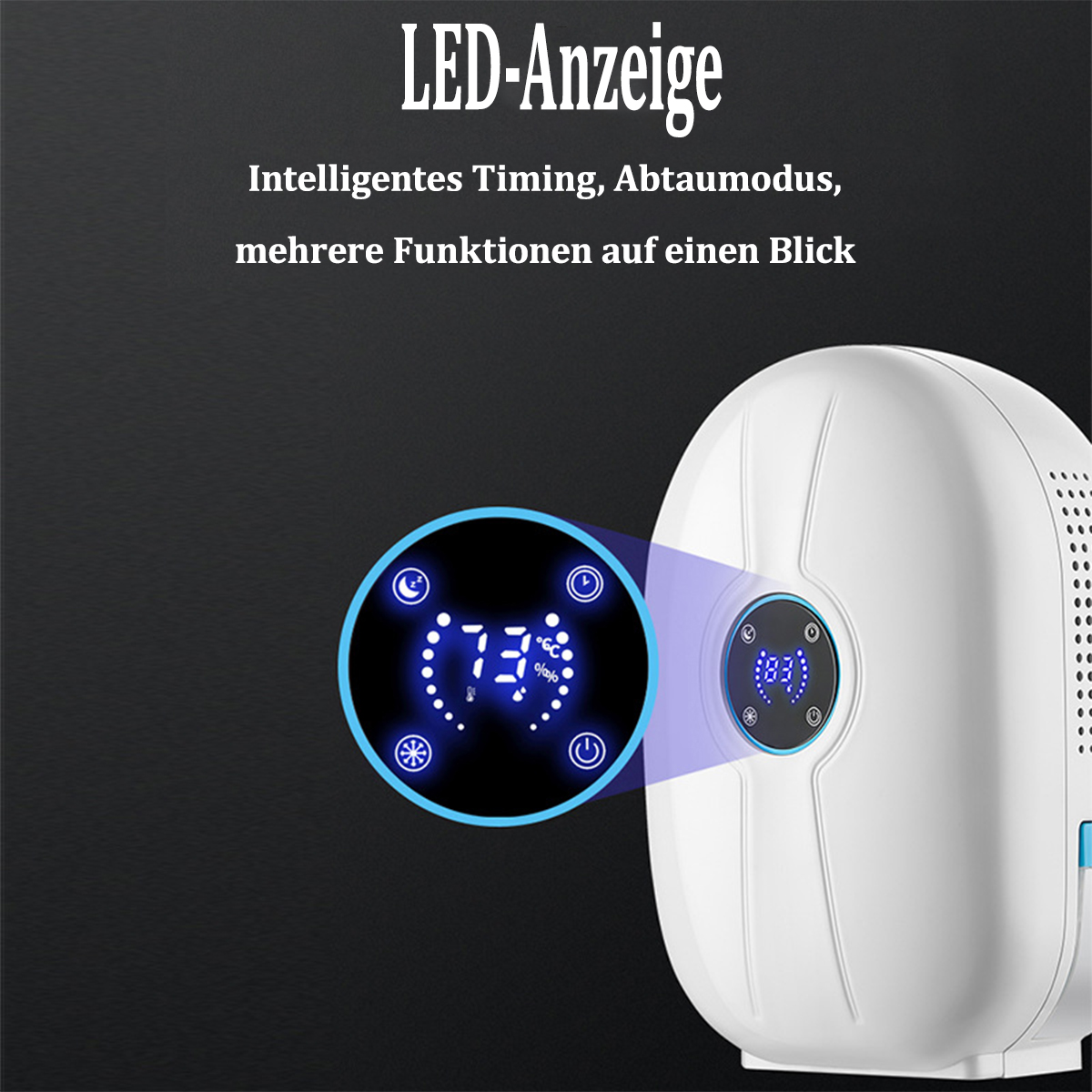 Zbliżenie białego osuszacza powietrza z cyfrowym wyświetlaczem ustawień.