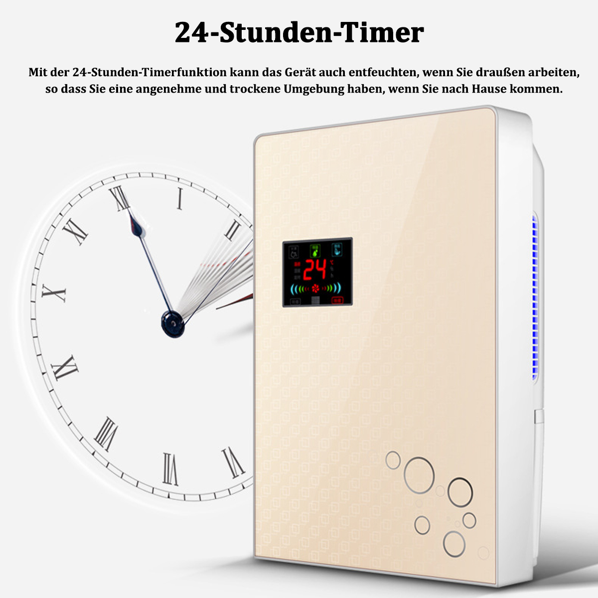 Beżowy osuszacz z cyfrowym wyświetlaczem i ilustracją zegara w tle.