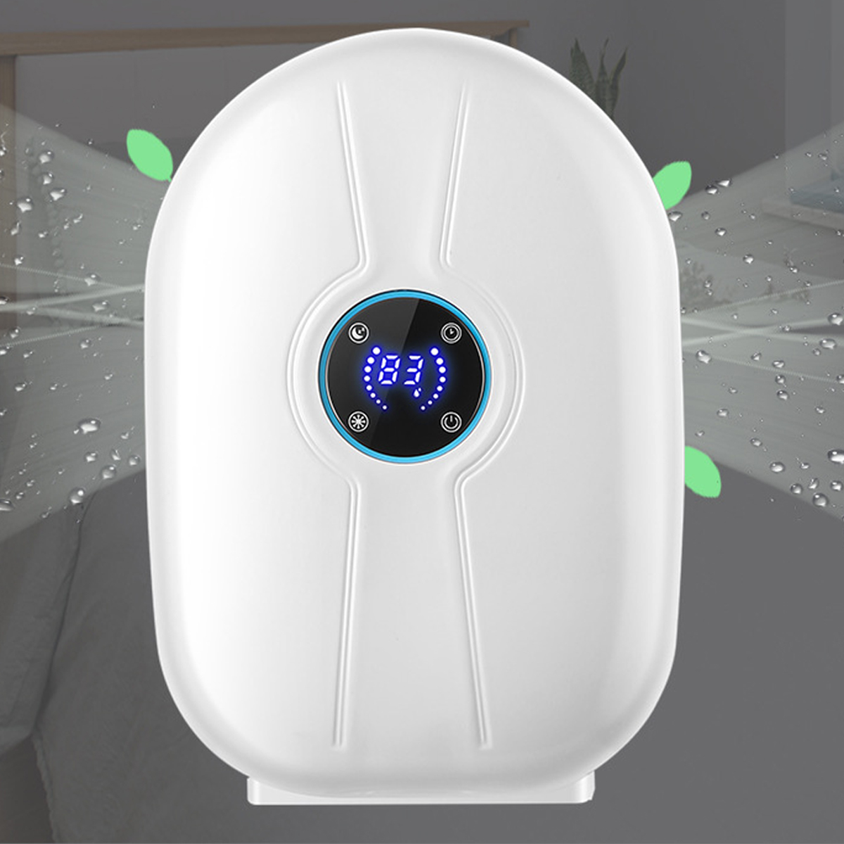 Biały oczyszczacz powietrza z cyfrowym wyświetlaczem i zielonymi liśćmi.