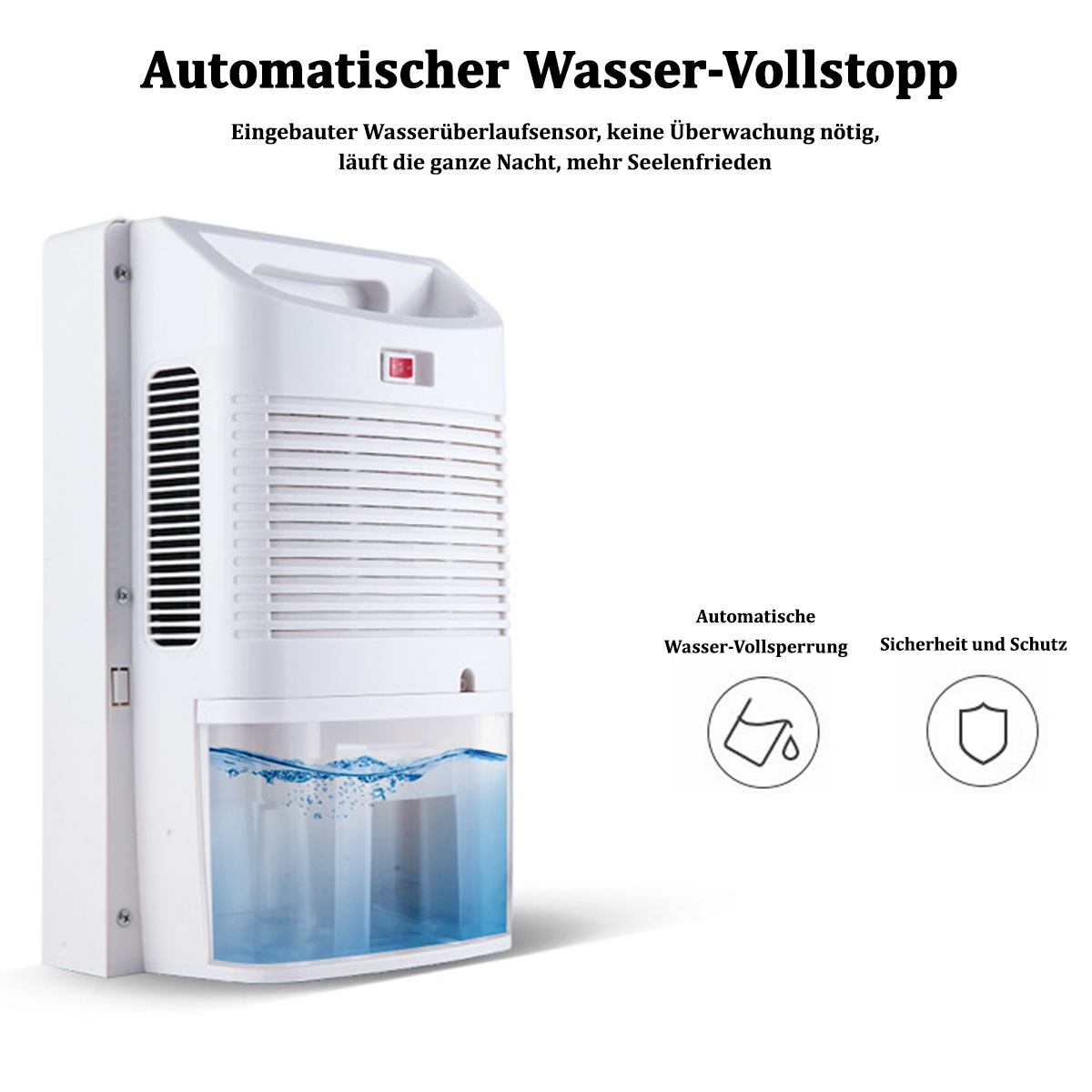 Biały osuszacz powietrza ze zbiornikiem na wodę i panelem sterowania. Tekst jest po niemiecku.