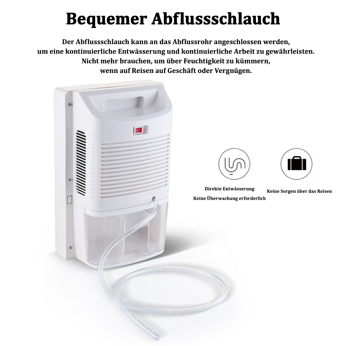 Biały osuszacz z wężem spustowym. Tekst wyjaśnia funkcję ciągłego drenażu.