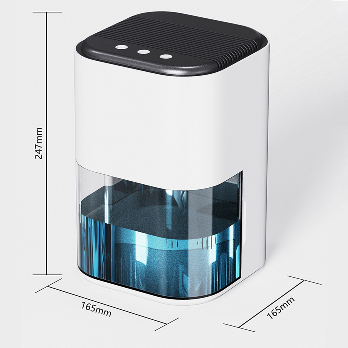 Biały nawilżacz z przezroczystym zbiornikiem na wodę i czarną górą. Widoczne wymiary.